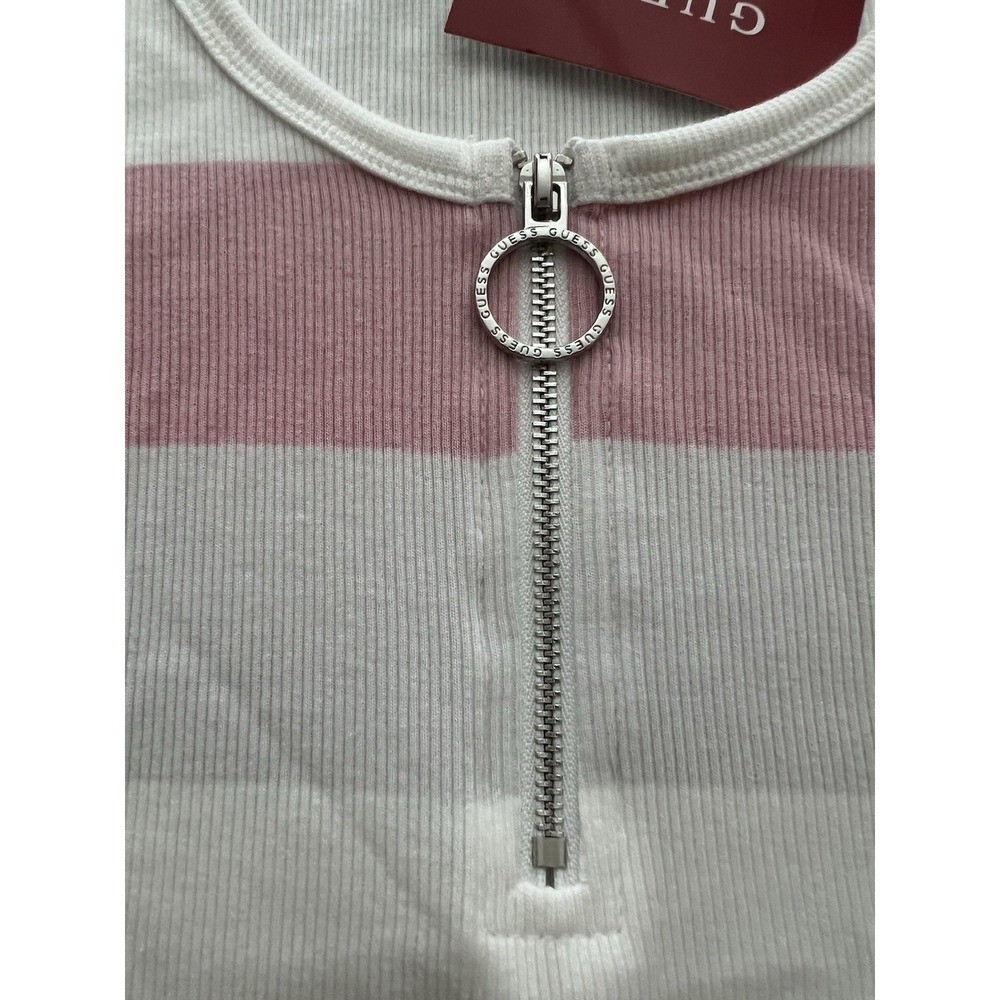 GUESS Womens Ribbed Short Sleeve Top Shirt Scoop Neck Zip Front Pink White Small - Picture 2 of 7